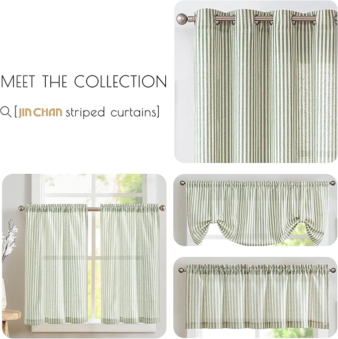 jinchan Tie Top Linen Kitchen Curtains 24 Inches Striped Tier Curtains Farmhouse Modern Cafe Style Small Window Treatments Airy Light Filtering Rod Pocket for Living Room Bathroom 2 Panels Sage Green