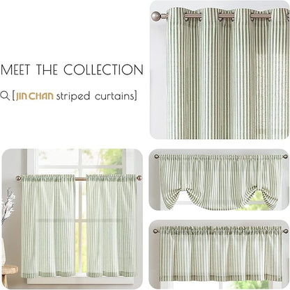 jinchan Tie Top Linen Kitchen Curtains 24 Inches Striped Tier Curtains Farmhouse Modern Cafe Style Small Window Treatments Airy Light Filtering Rod Pocket for Living Room Bathroom 2 Panels Sage Green