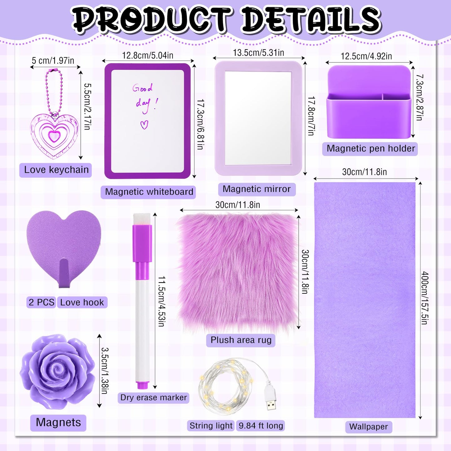 Wonderjune 12 Pcs Locker Accessories Kit Magnetic Mirror Whiteboard Pen Holder Magnet Hook Locker Wallpaper Rug Keychain Marker String Light for Back to School Essentials Decorations (Purple)