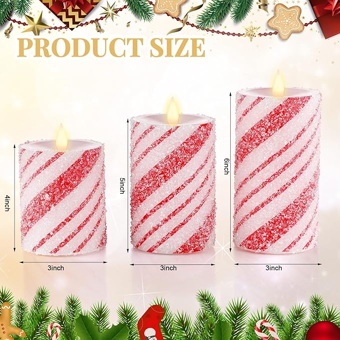 Baquler 3 Pcs Christmas Flameless Pillar Candles LED Candy Cane Peppermint Stripe Red and White Glitter Battery Operated Candles for Xmas Holiday Centerpiece Home Party Decor