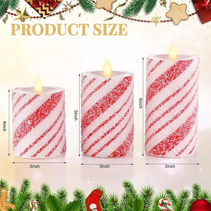 Baquler 3 Pcs Christmas Flameless Pillar Candles LED Candy Cane Peppermint Stripe Red and White Glitter Battery Operated Candles for Xmas Holiday Centerpiece Home Party Decor