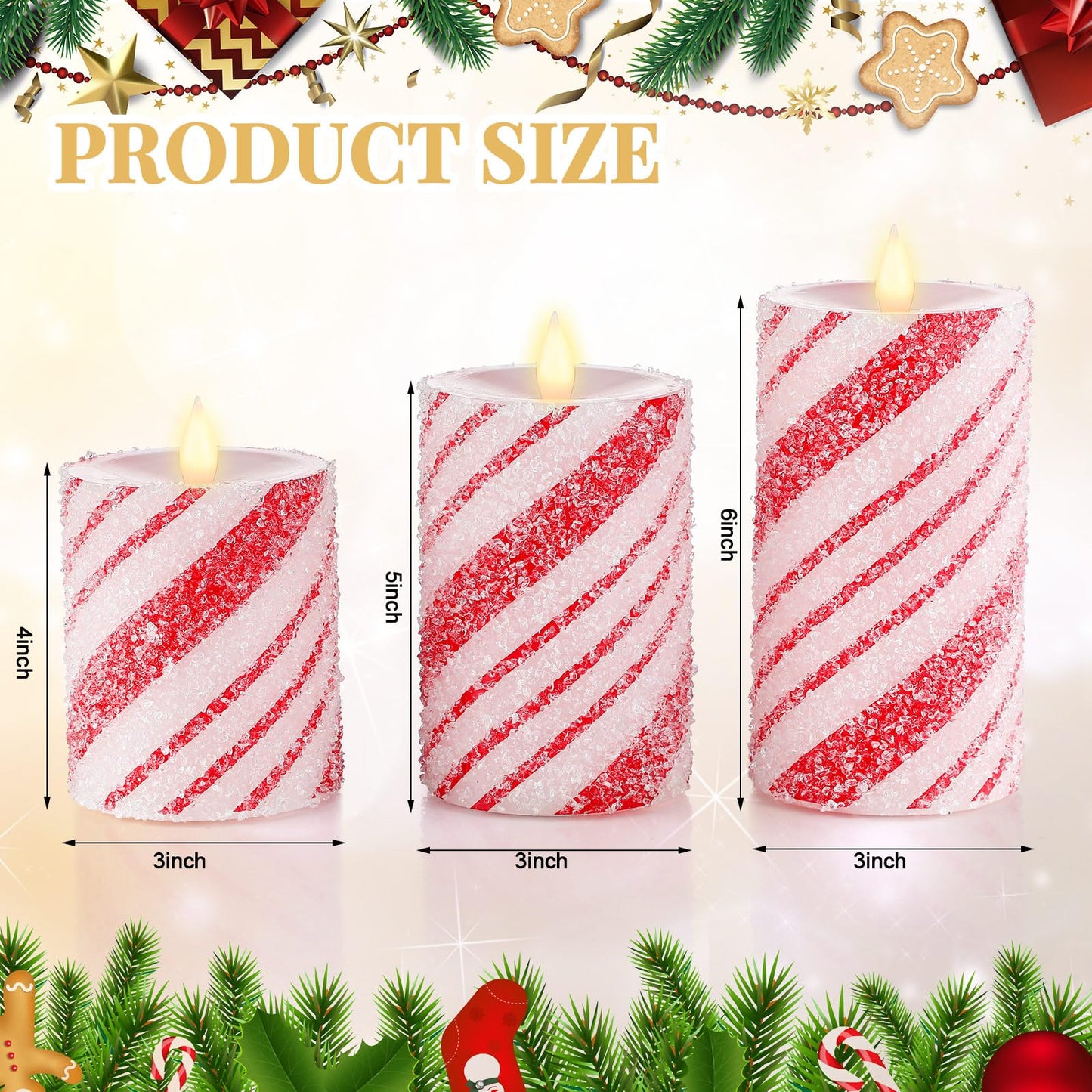 Baquler 3 Pcs Christmas Flameless Candles Pastel Candy Cane LED Pillar Candle Peppermint Glitter Red and White Battery Operated Candlestick for Xmas Party Holiday Table Home Decoration(Thin Stripe)