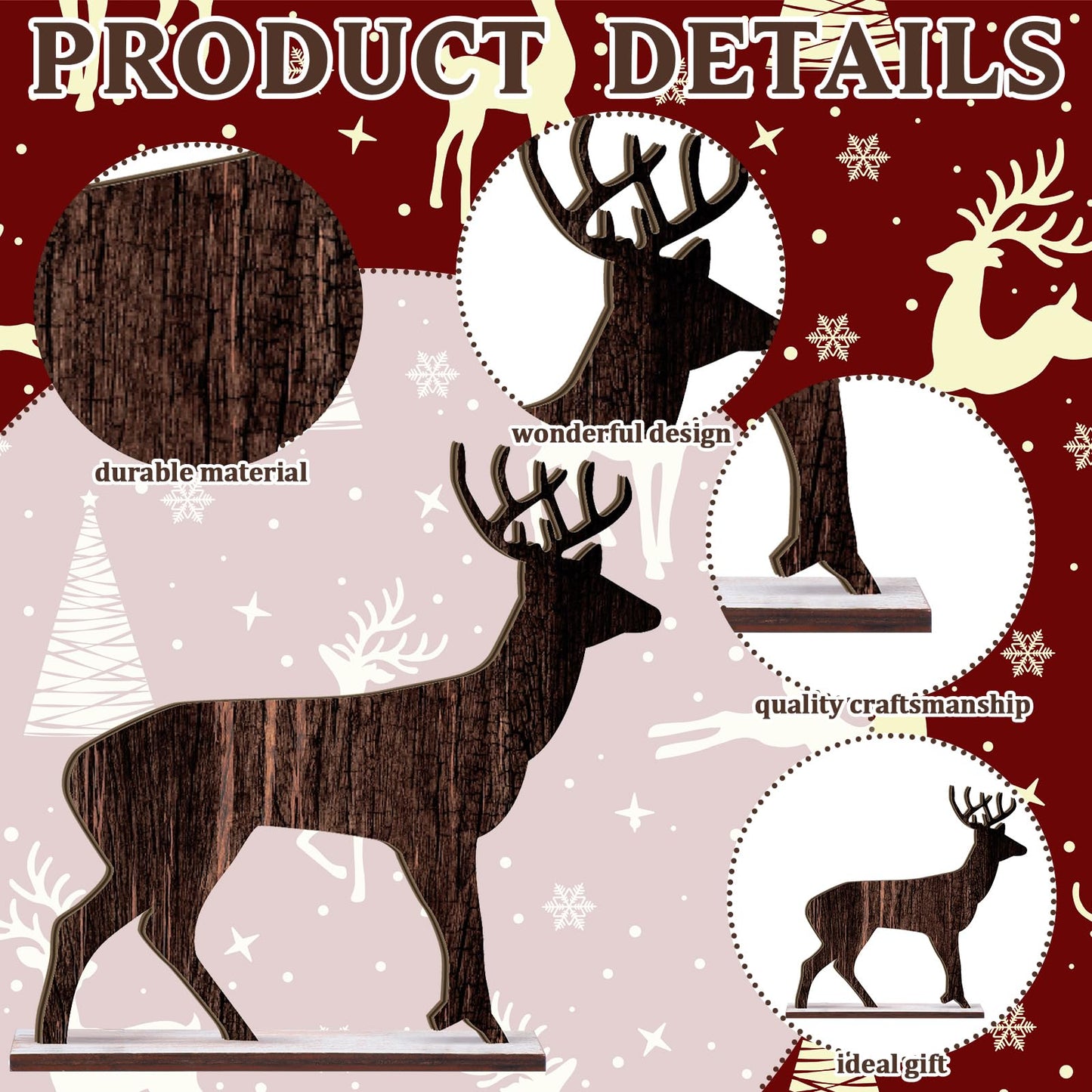Barydat 4 Pcs Summer Christmas Table Decorations Wooden Christmas in July Pine Tree Reindeer Table Centerpiece Xmas Tabletop Sign Rustic Farmhouse Decor for Home Office Party Supplies Gifts (Reindeer)