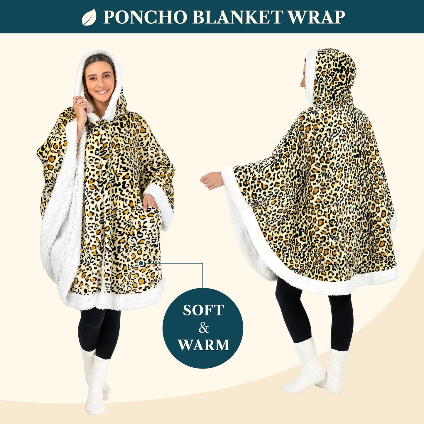 PAVILIA Hooded Blanket Poncho, Women Sherpa Fleece Shawl Wrap with Hood, Wearable Blanket Cozy Warm Poncho Cape Throw with Pockets, Gift for Elderly Mom, Cheetah Yellow