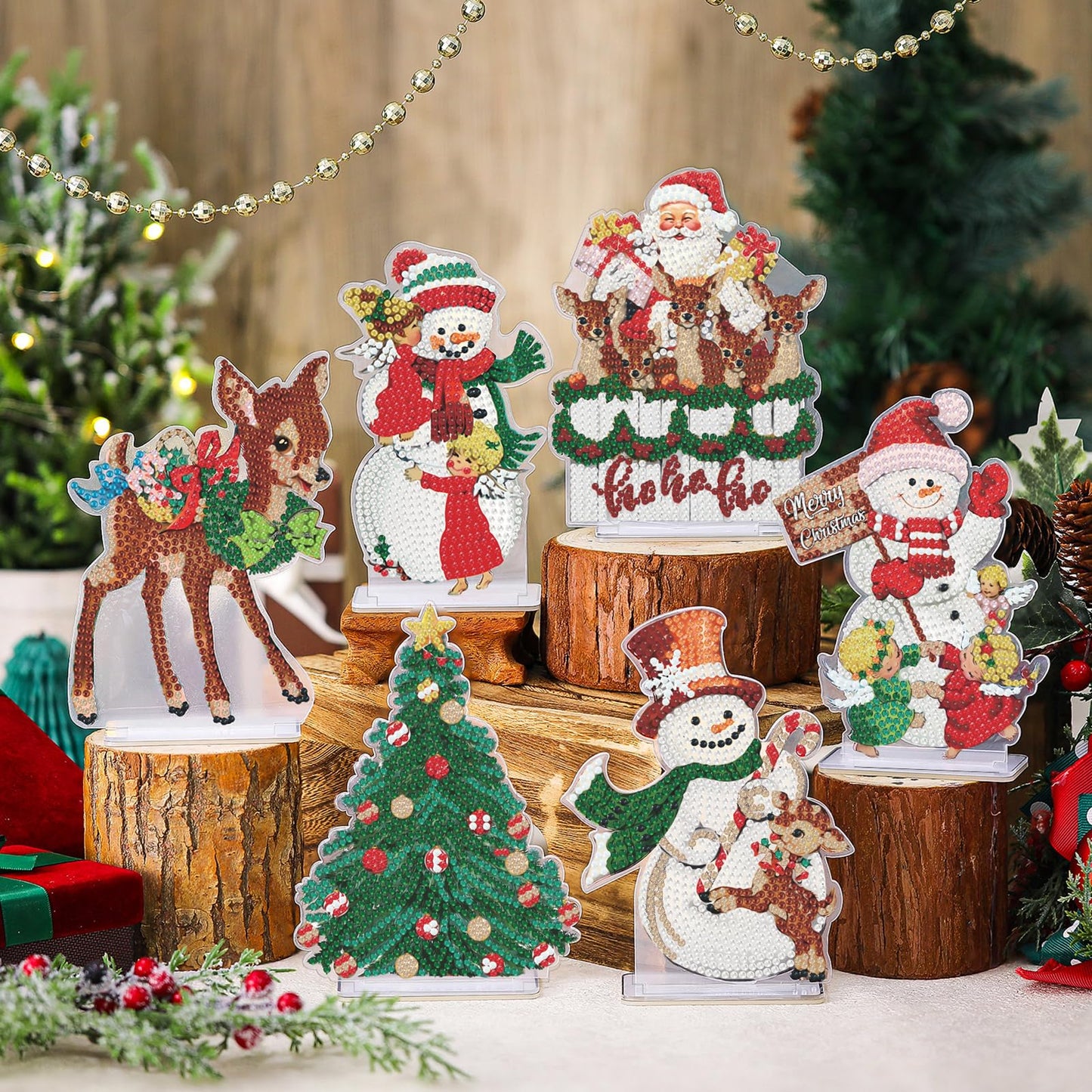Moucuny 6 Pcs Christmas Diamond Painting Desktop Ornament Art Sign Set Diamond Painting Kits Christmas Tree Snowman Tabletop Rhinestone Signs DIY Kits Gift for Adults Acrylic Paint Xmas Decoration