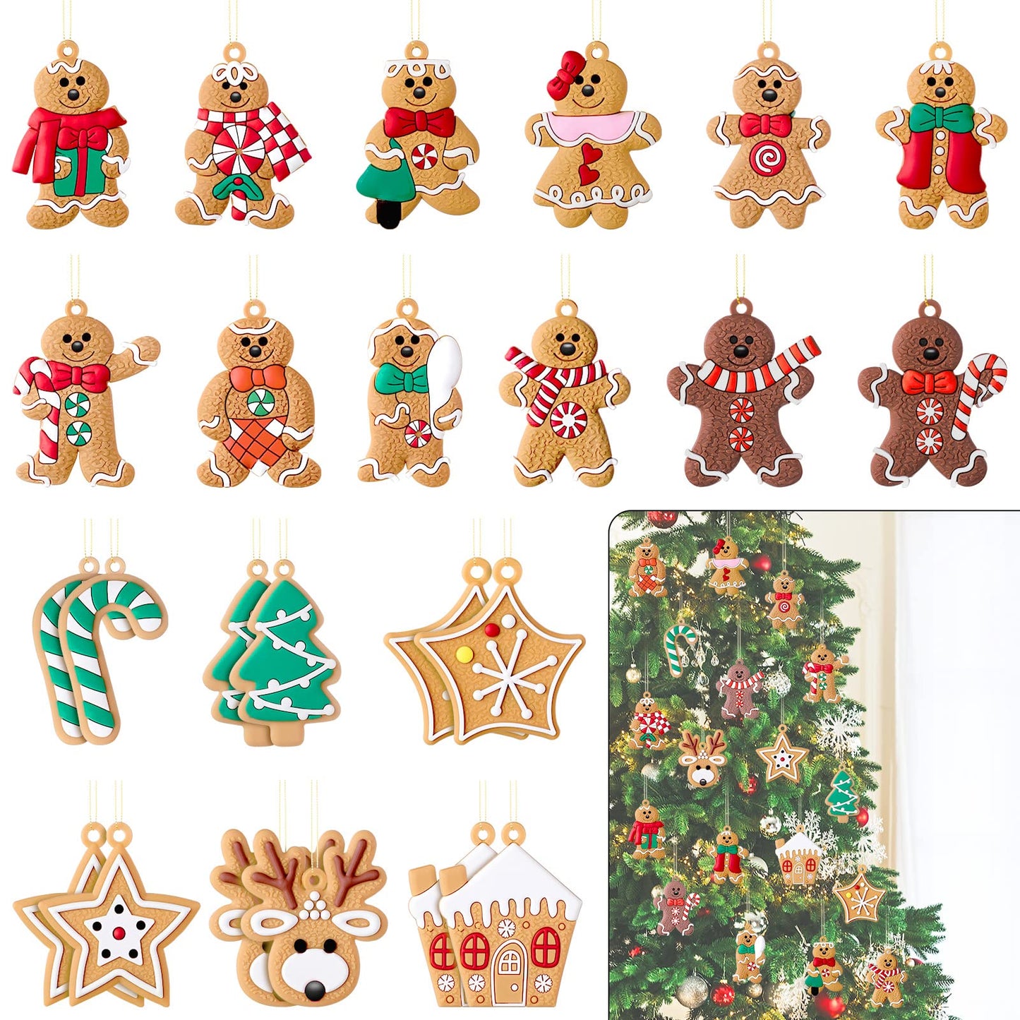 24 Pieces Gingerbread Man Christmas Ornaments Christmas Tree Hanging Ornaments Candy Canes Christmas Ornament Set Gingerbread Man Decor for Xmas Tree Decor Holiday Party