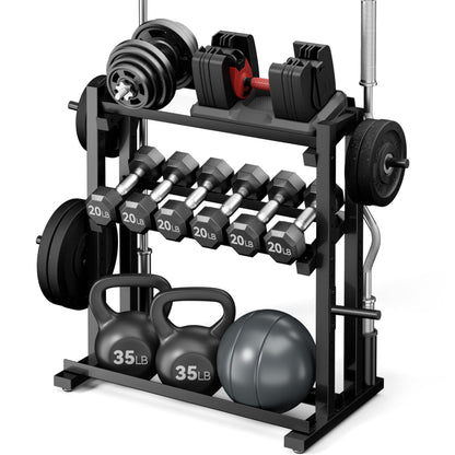 3-Tier Heavy-Duty Dumbbell and Plate Rack 1200LB Capacity, Adjustable Weight Storage Stand for Dumbbells, Kettlebells, Barbells & Weight Plates, Compact Multifunctional Organizer for Home Gym