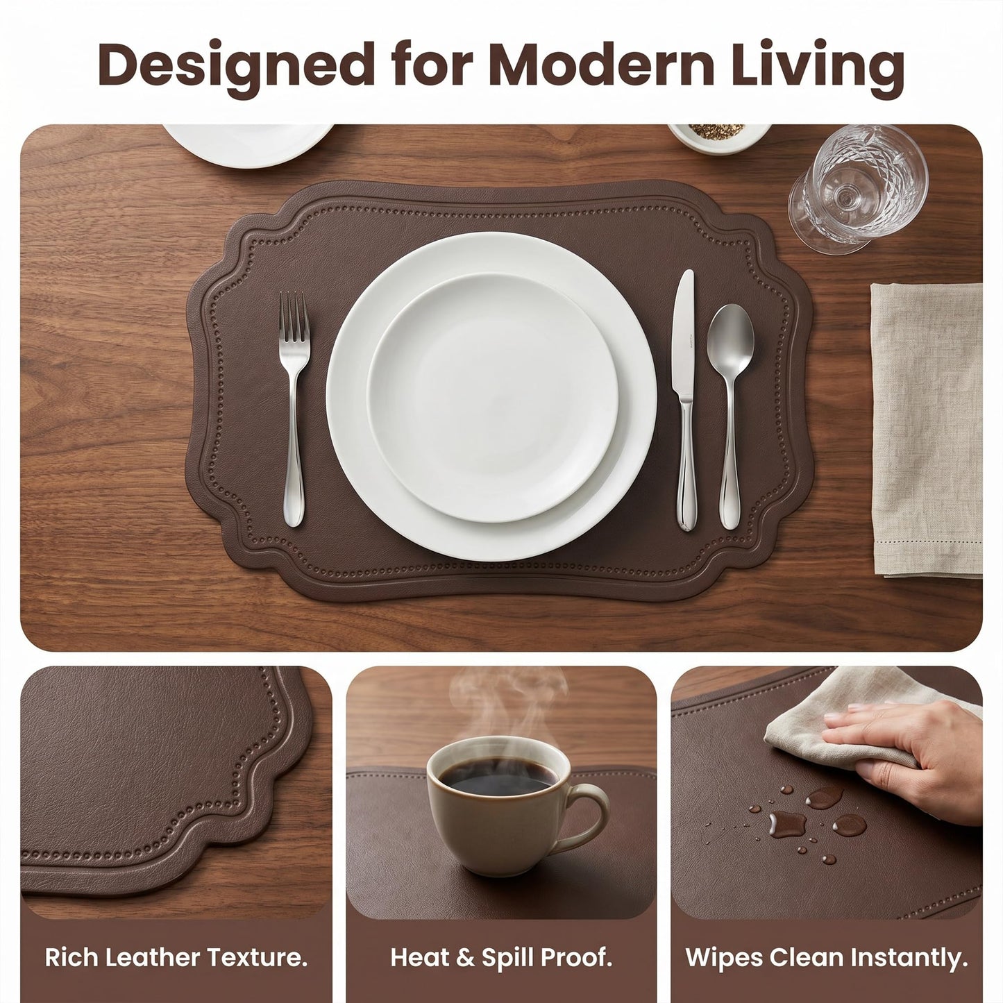 DRMHM Solid Placemats Set of 6 Leather Placemats for Kitchen Dining Table Decor Heat Resistant Table Placemats Sturdy Table Mat 18 * 12inch Coffee