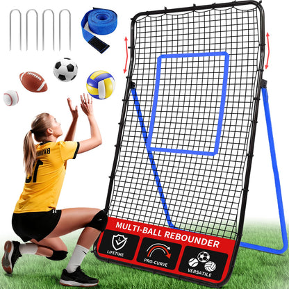 BAGAIL Volleyball Rebounder Net 7x4 Ft, Bounce Back Training Equipment with Unique Curved Frame for Better Catching, 5 Adjustable Angles for Volleying & Spiking, Easy Set Up & Sturdy Base - Blue