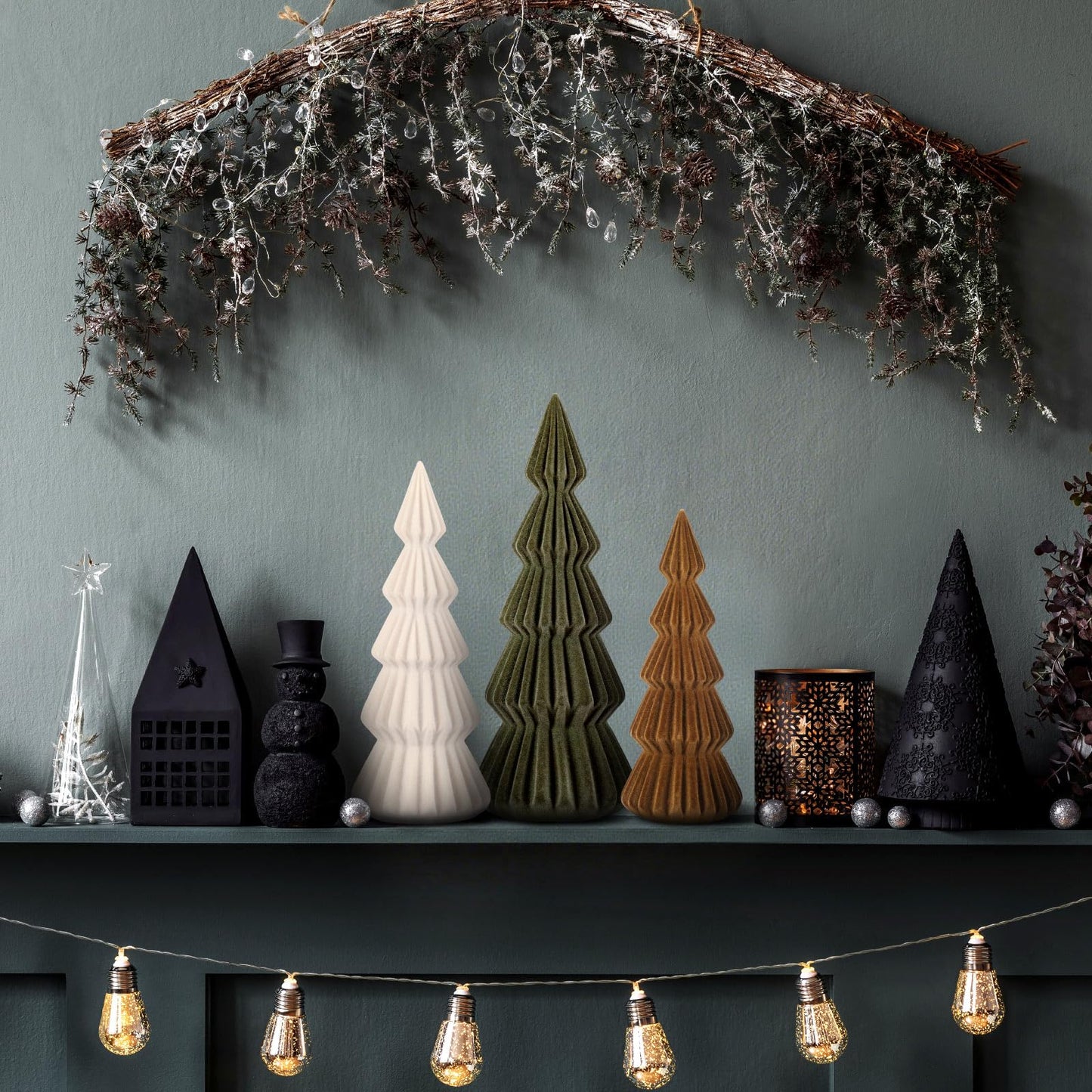 Relaxgiant Set of 3 Velvet Ceramic Christmas Trees Decoration Large Modern Velvet Cone Christmas Tree Figurine Decor Holiday Xmas Winter Indoor Home Tabletop Mantel Centerpiece(Green, Beige, Brown)