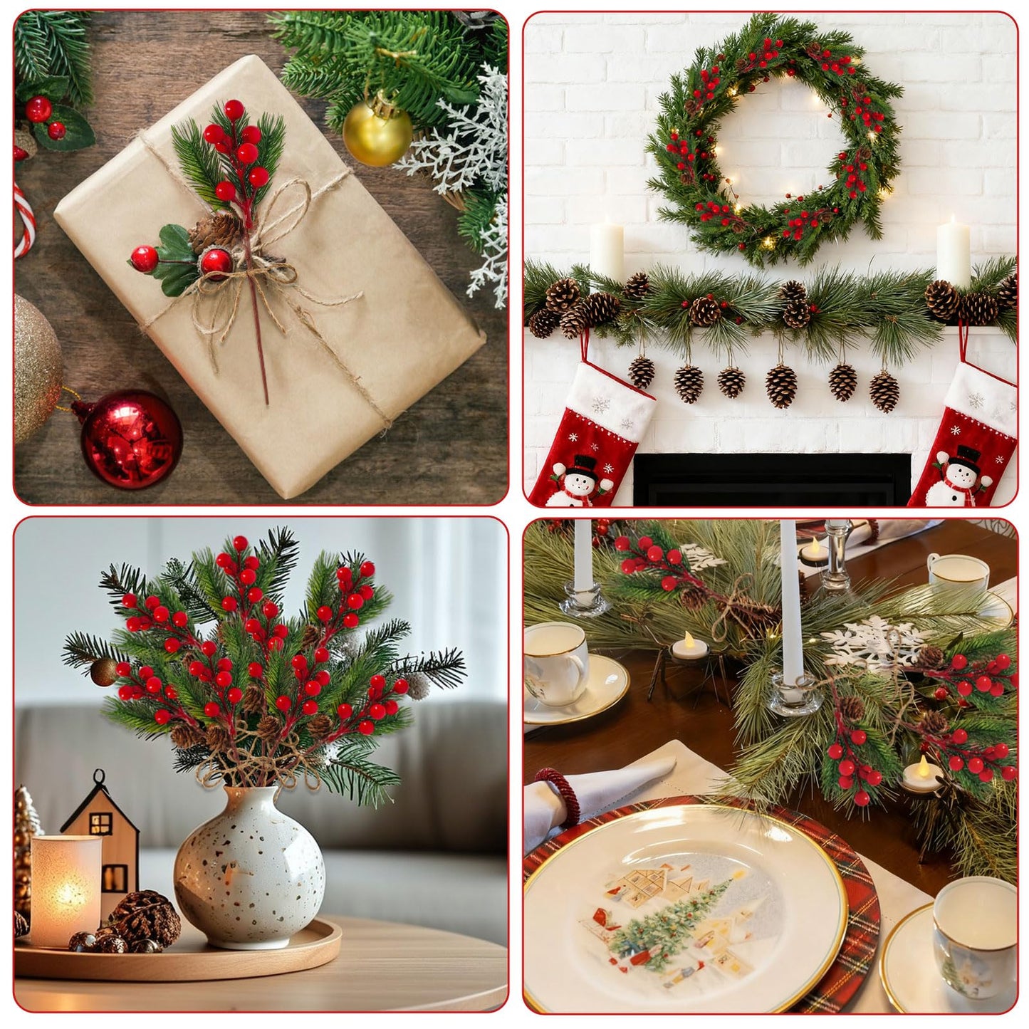 JOINCCI 25PCS Christmas Floral Picks - Artificial Greenery Stems with Pine Cones & Red Berries for DIY Xmas Wreaths, Garlands, Tree Decor, Holiday Centerpiece and Home Decor (8.66 Inch)