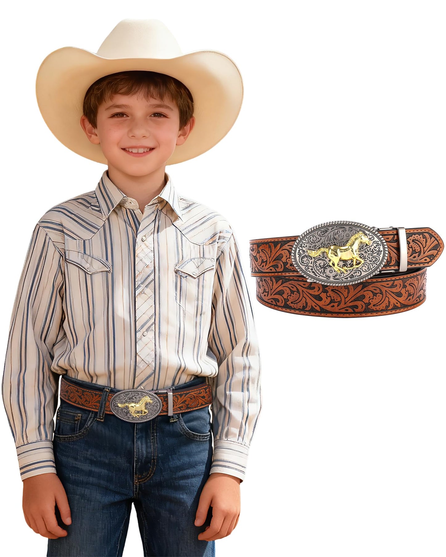 AWAYTR Kids Ratchet Western Belt - PU Leather Cowboy Belt Adjustable Toddler to Big Kid Sizes for Jeans (Gunmetal Gold Horse-Brown, Fit Waist: 26.5"-30")
