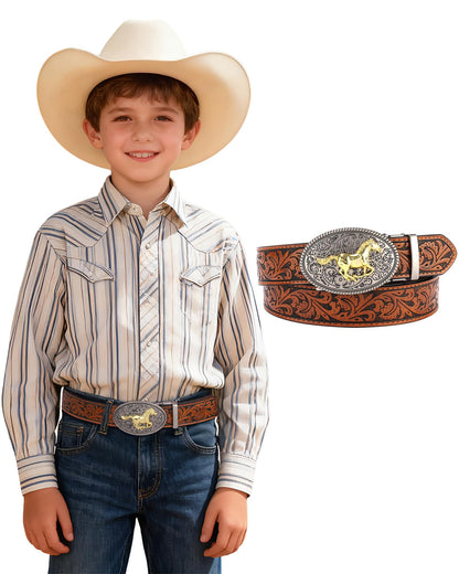 AWAYTR Kids Ratchet Western Belt - PU Leather Cowboy Belt Adjustable Toddler to Big Kid Sizes for Jeans (Gunmetal Gold Horse-Brown, Fit Waist: 26.5"-30")