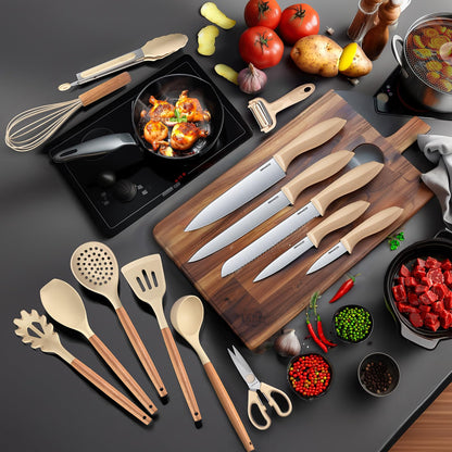 RAXCO Kitchen Utensils Set,18-Piece Cooking Tools and Sharp Knives,Stainless Steel Holder and Cutting Board