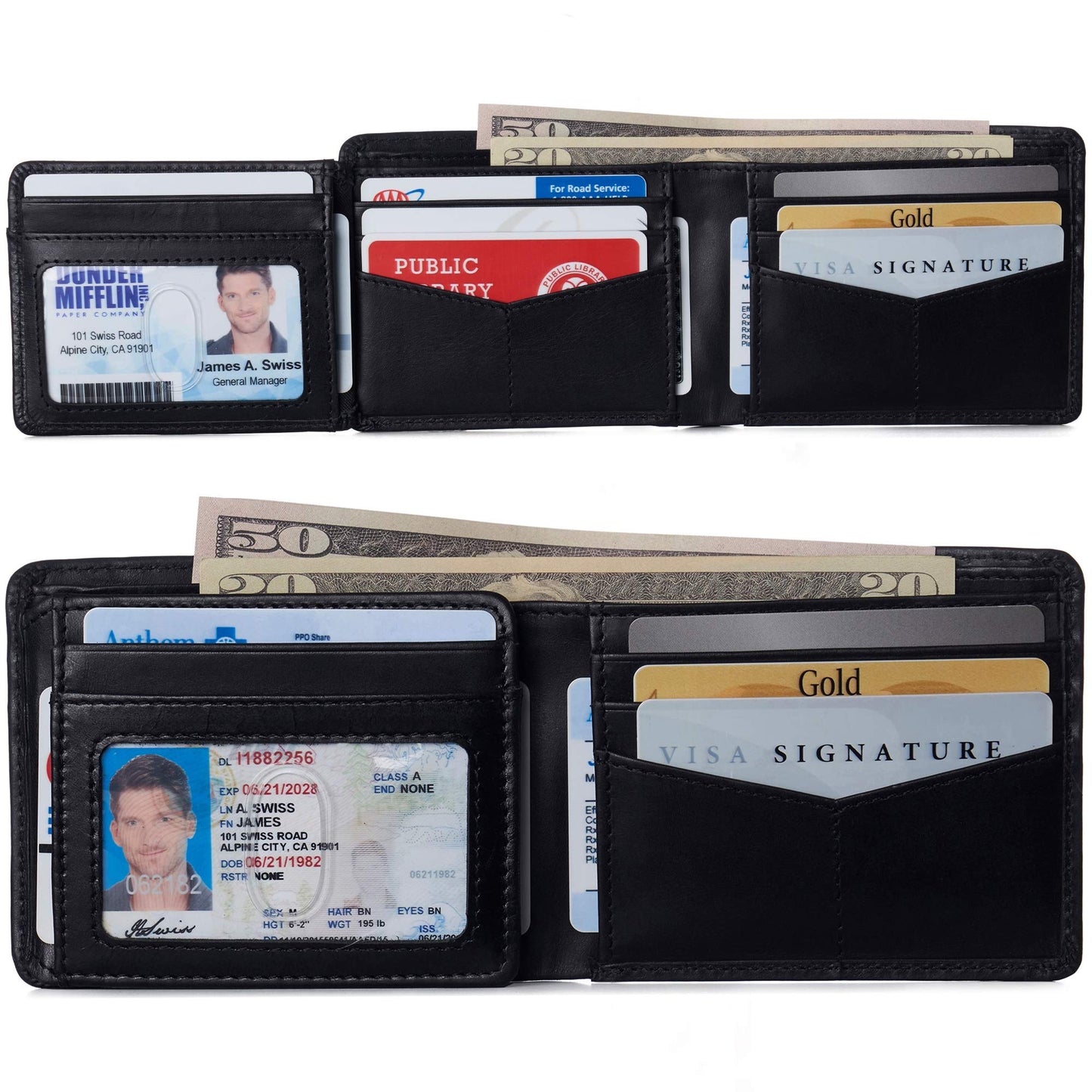 Alpine Swiss Mens Wallet for Men | RFID Protected Leather Mens Wallet | Spencer Bifold with Divided Bill Section | Gift Box | 2 ID Windows | 14 Card Storage Pockets for Organization Glossy Nappa Black