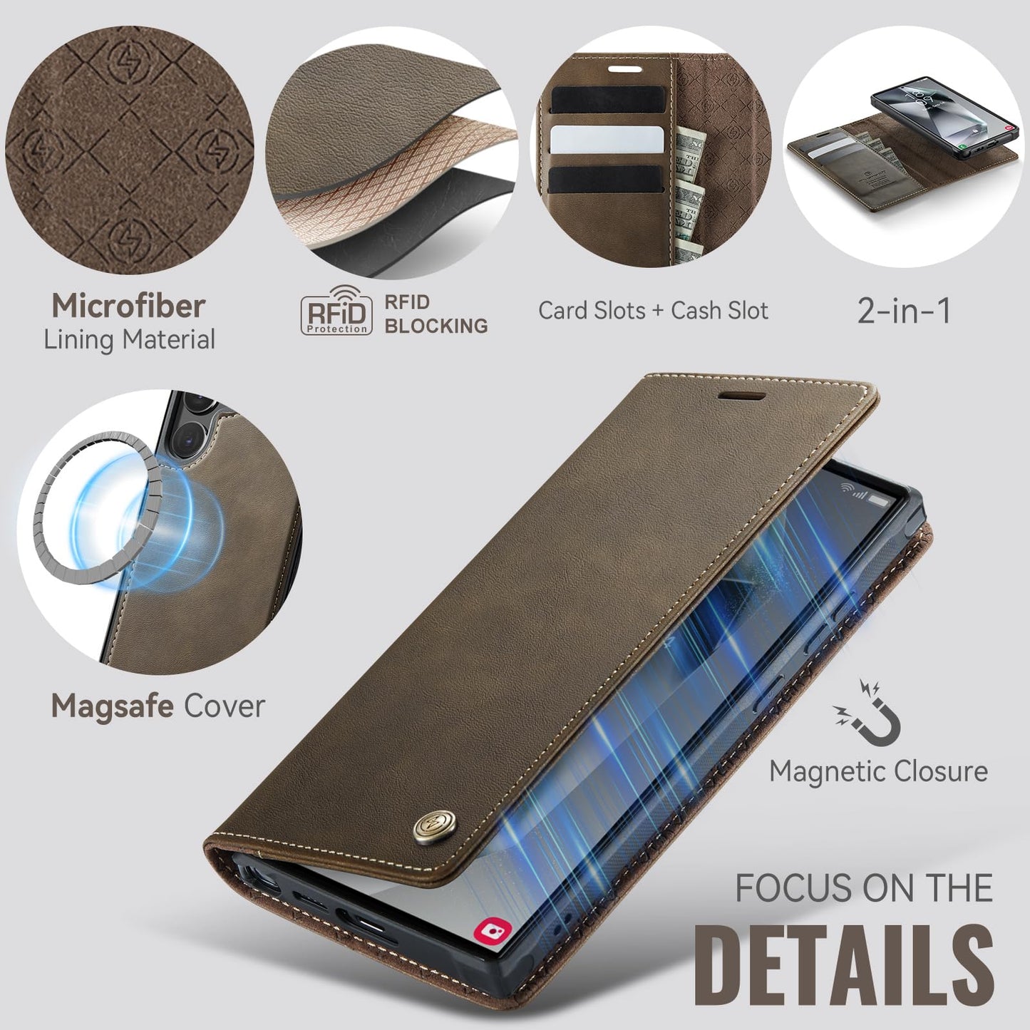 PlusnapX Wallet Case for Samsung Galaxy S24 Ultra Compatible with Magsafe, 2-in-1 PU Leather Flip RFID Blocking Card Holder Stand Shockproof Magnetic Detachable Cover for Galaxy S24 Ultra, Brown