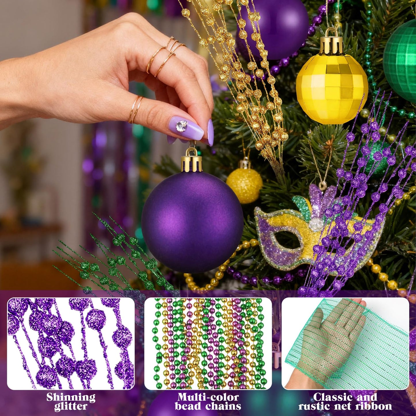 Vertintong 69 Pcs Mardi Gras Decorations Set Mardi Gras Tree Decor Bulk Purple Yellow Green Ball Ornament Fleur-de-lis Wired Berry Stems Beads Ribbon for Xmas Holiday Party Tree Ornaments