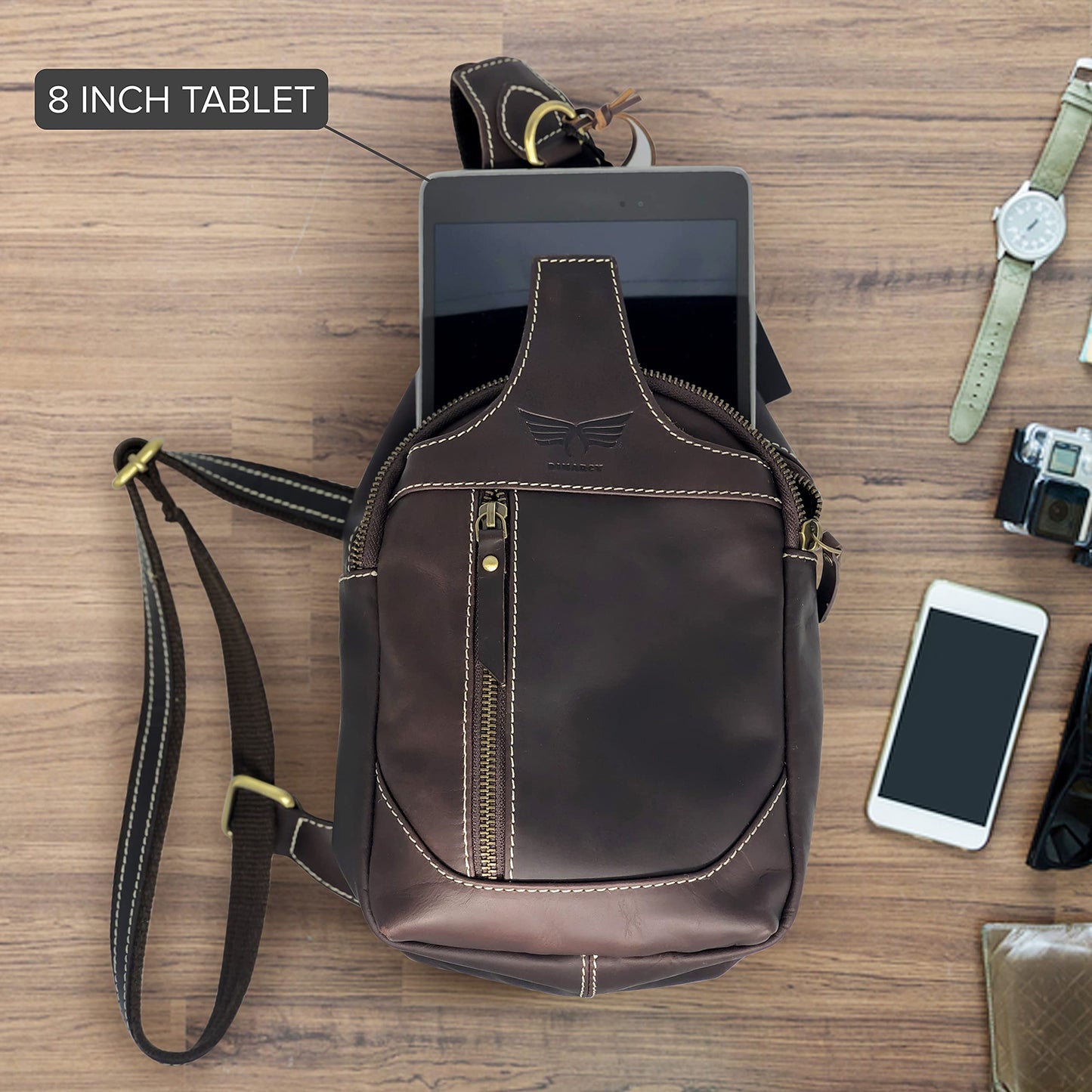 Dimarcy Leather Cross-body Sling Bag Casual Daypack Backpack Chest Shoulder Multi-Purpose Timeless Design Small Men (Dark Brown)
