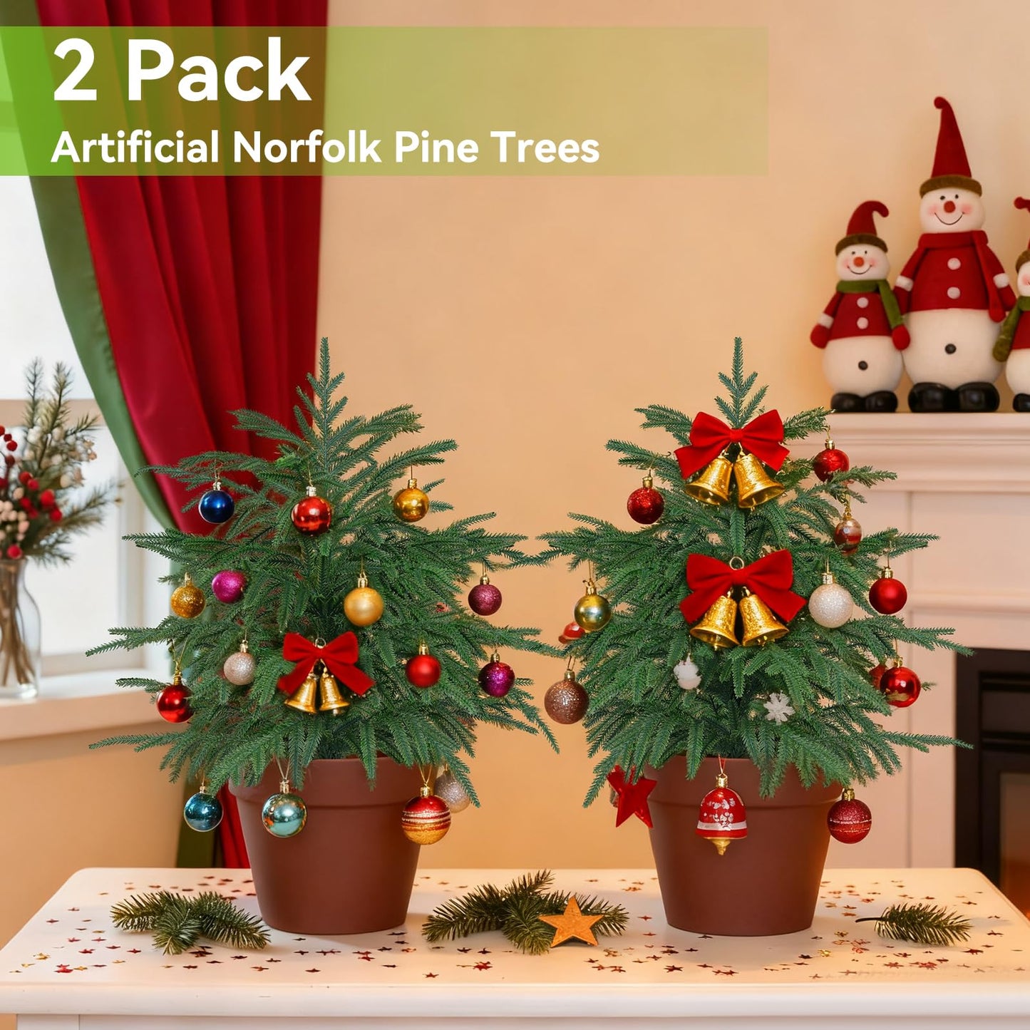 2FT Artificial Norfolk Pine Tree, 2pc Artificial Christmas Tree Faux Potted Plants for Front Porch Christmas Indoor Outdoor Decor