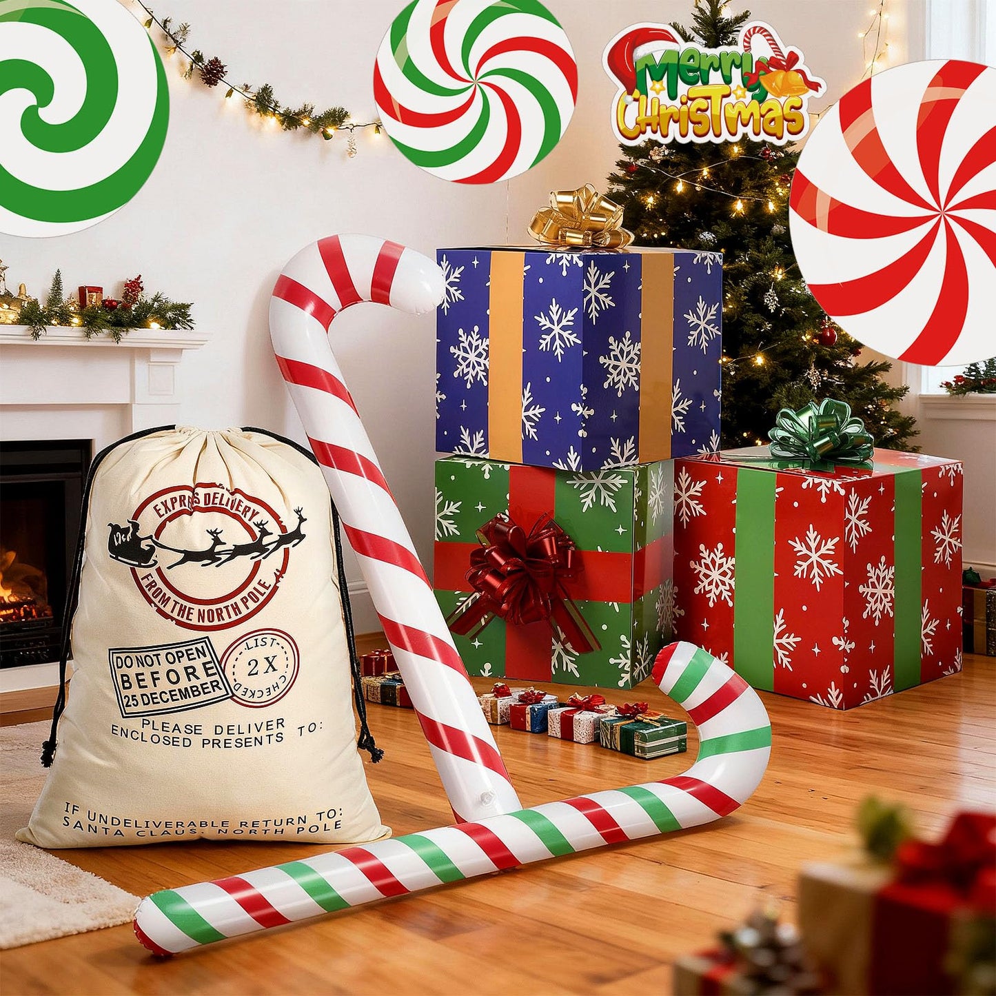 Humyoun 10 Pcs Christmas Gift Boxes Decoration, Christmas Photo Booth Props Gift Box with Ribbons Large Candy Cane Balloon for Xmas Party Decorations Home Xmas Box Decorations