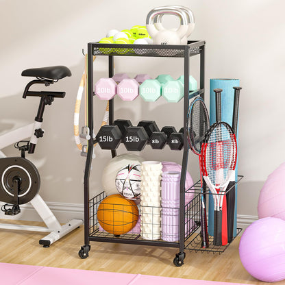 ThreeHio Home Gym Storage Rack, Dumbbell Rack with Yoga Mat Storage, Weight Rack Stand with Lockable Wheels and Hooks, Home Workout Equipment Organizer for Yoga, Dumbbell, Kettlebells, Ball Storage