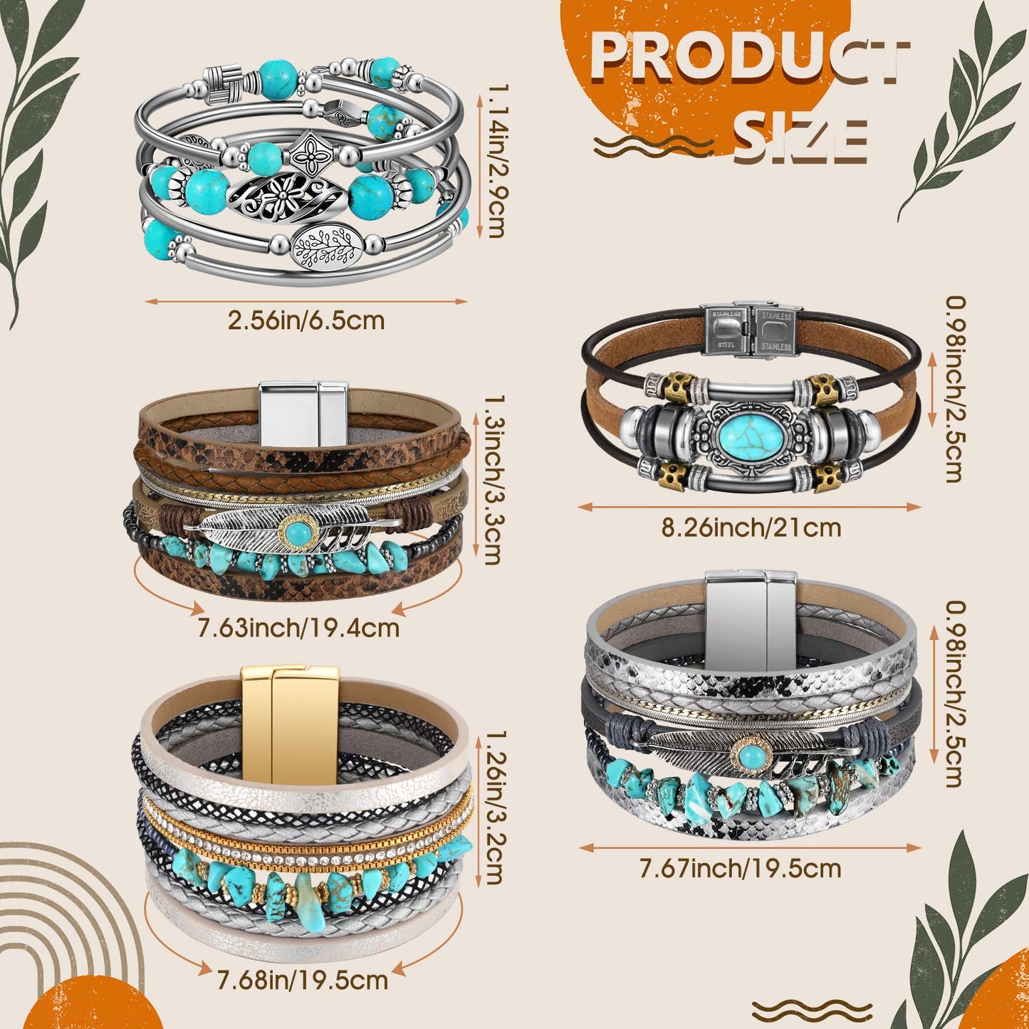 Sasylvia 6 Pcs Turquoise Bracelet for Women Leather Bracelet Western Jewelry for Women Multilayer Boho Cuff Bangle Set(Classic)
