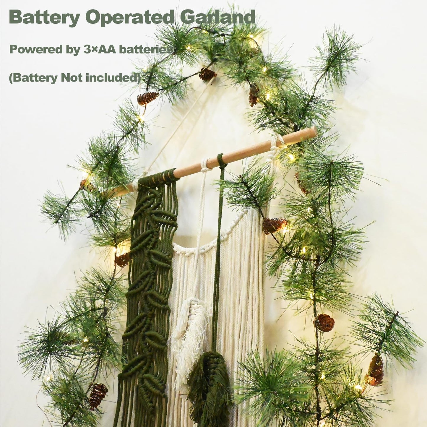 PALONMY Remote Christmas Smokey Pine Garland with Lights 6.56FT Garlands with Timer 30 LED Fairy Lights Battery Operated Garland Lights with Pinecones Christmas Pre-lit Light for Home