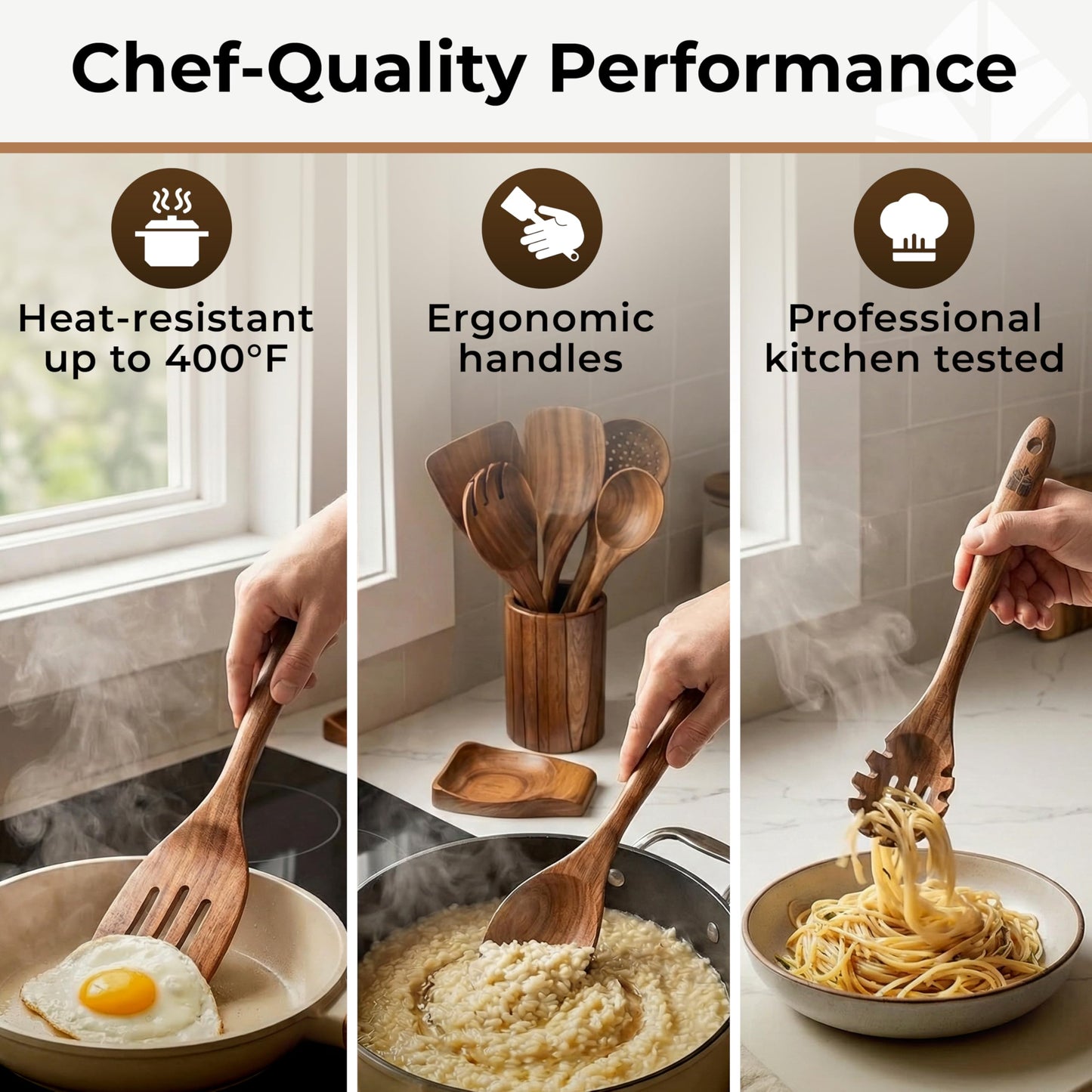 Wooden Utensil Set 8 Pcs – Sturdy & Easy to Clean, Natural Teak Wooden Spoons for Cooking – Non-Scratch Cooking Utensils with Spatula, Turner, Ladle, Spoons, Skimmer, Holder, Spoon Rest & 6 Hooks