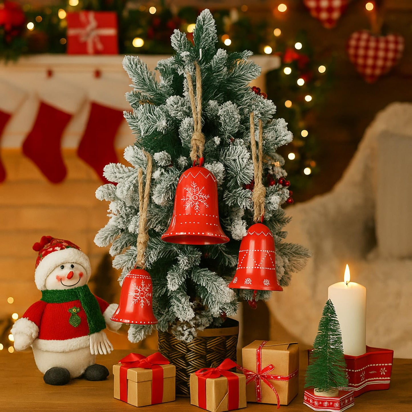 Halloscume 3 Set Snowflake Cow Bells Gift Winter Decor, Large Red Metal Bell Ornaments Decorations, Rustic Winter Outside Home Wind Chime for Christmas Tree Holiday Xmas Party Decoration
