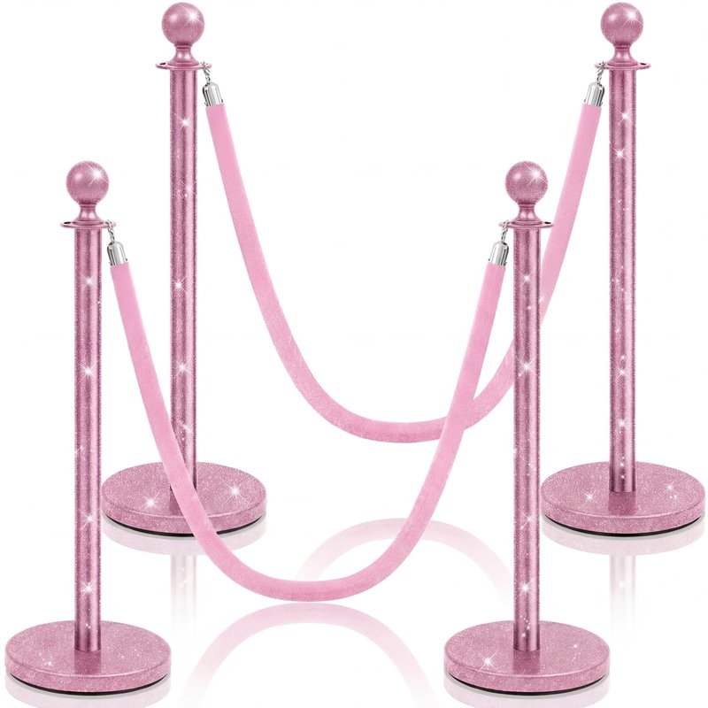 Ferraycle 4 Pcs Stainless Steel Stanchions Post Queue 38 Inch, 5 ft Velvet Carpet Ropes and Pole, Control Barriers for Wedding Birthday Party Decoration Sand Injection Hollow Base Set (Glitter Pink)