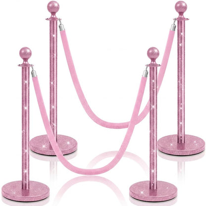 Ferraycle 4 Pcs Stainless Steel Stanchions Post Queue 38 Inch, 5 ft Velvet Carpet Ropes and Pole, Control Barriers for Wedding Birthday Party Decoration Sand Injection Hollow Base Set (Glitter Pink)
