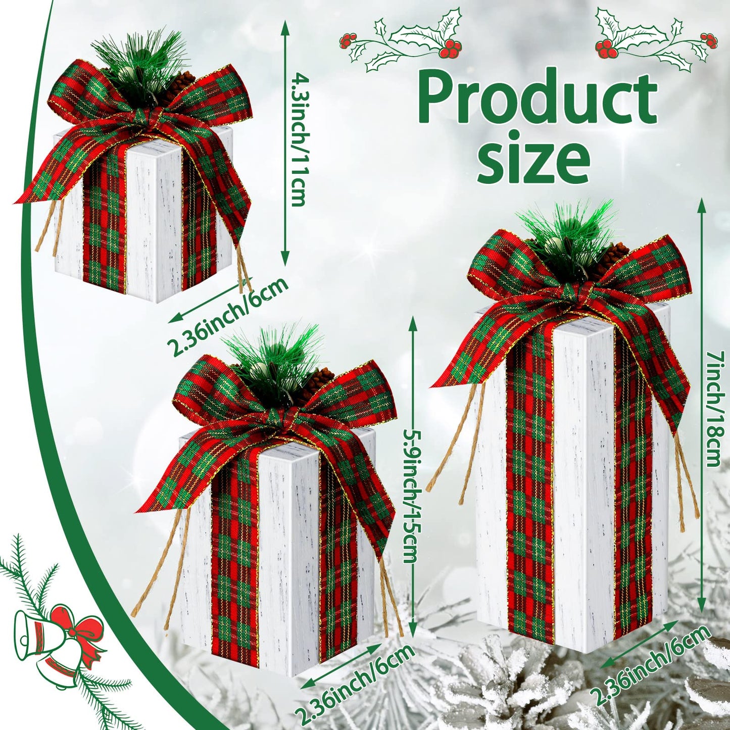 Amyhill 3 Pcs Christmas Wooden Gifts Box Decor Christmas Plaid Presents Table Centerpieces Rustic Wooden Gifts Tiered Tray Decor with Buffalo Plaid Bowknot for Xmas Party(White,Retro)