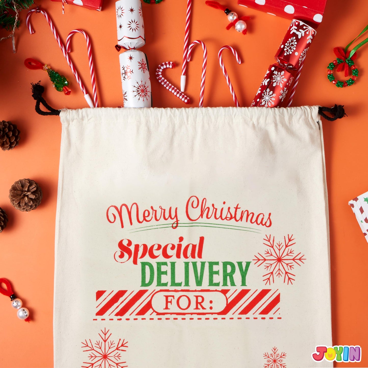 JOYIN 3 PCS Christmas Drawstring Santa Burlap Sack 26" x 19", Large Canvas Gift Bag Reusable Personalized Cloth Pouch for Xmas Presents Package, Party Supplies, Hoilday Decoration