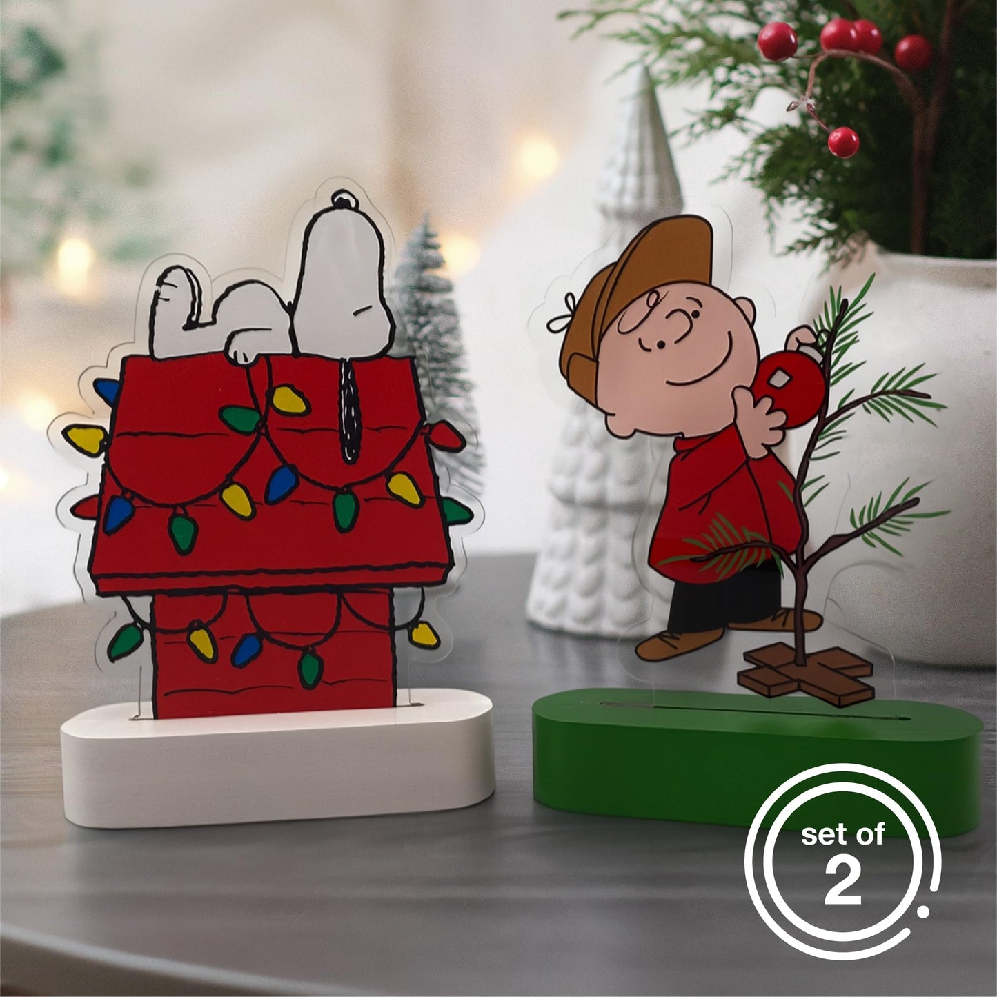 Mark Feldstein, Peanuts Holiday LED Illuminated Acrylic Tabletop Lights, Snoopy's Decorated Doghouse and Charlie Brown's Christmas Tree, 6 Inch (Set of 2)