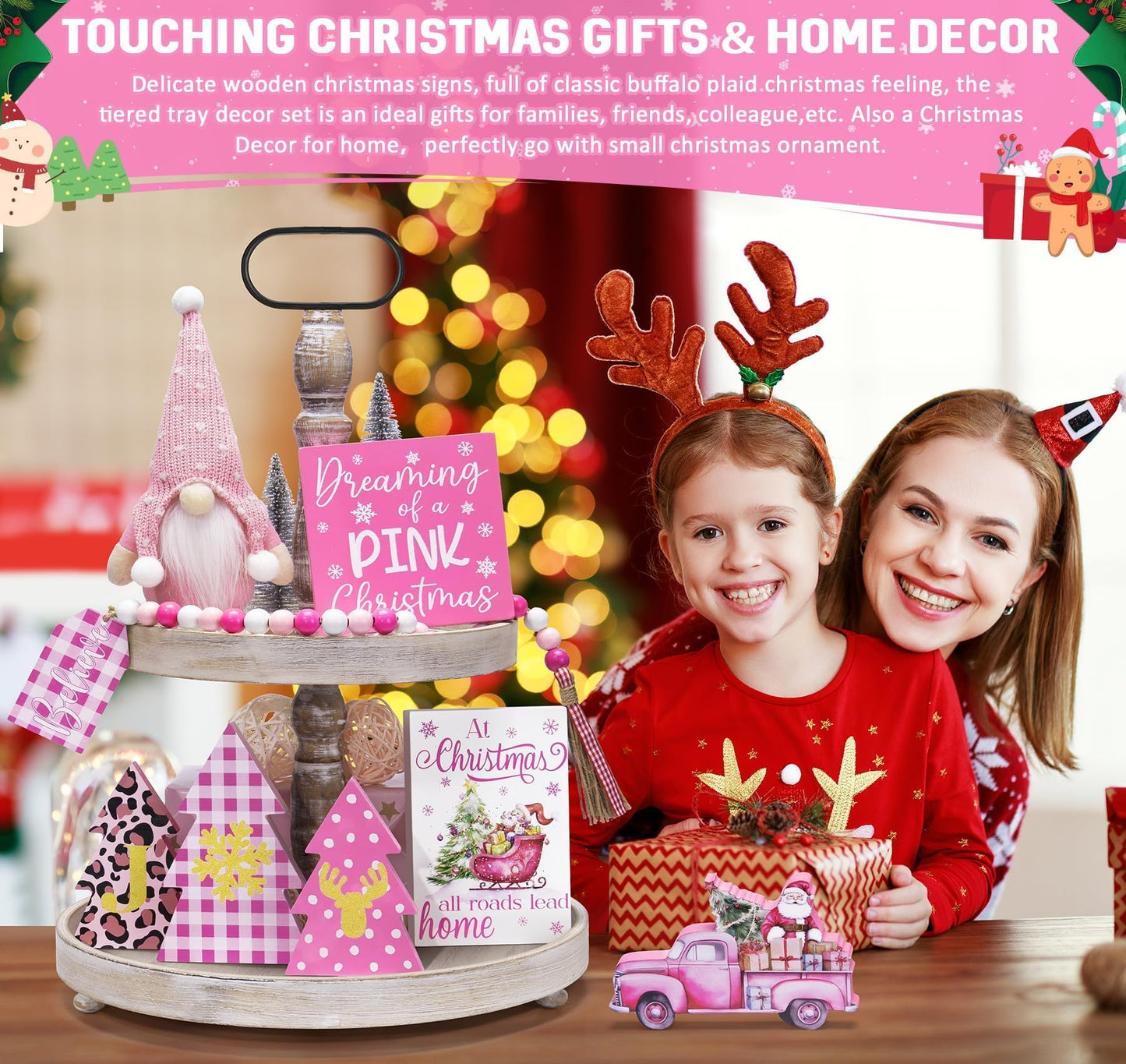 Asoulin Pink Christmas Tiered Tray Decor 8 PCS Xmas Decorations Indoor - Believe Christmas Wooden Signs & Pink Xmas Gnome Plush Set - Table Decor Tier for Home Kitchen Mantel