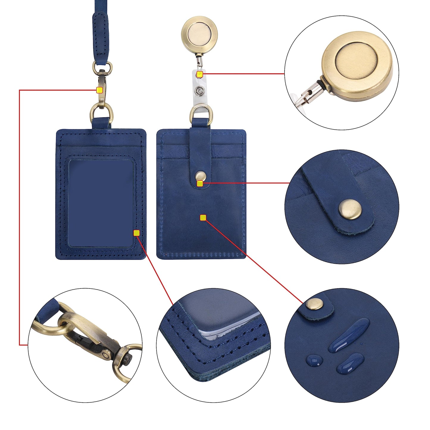 Wonderpool ID Badge Holder Genuine Leather Card Slots Case with Detachable Neck Lanyard and Retractable Badge Reel for Office School Hospital Exhibition ID & Driver Licence (Blue)