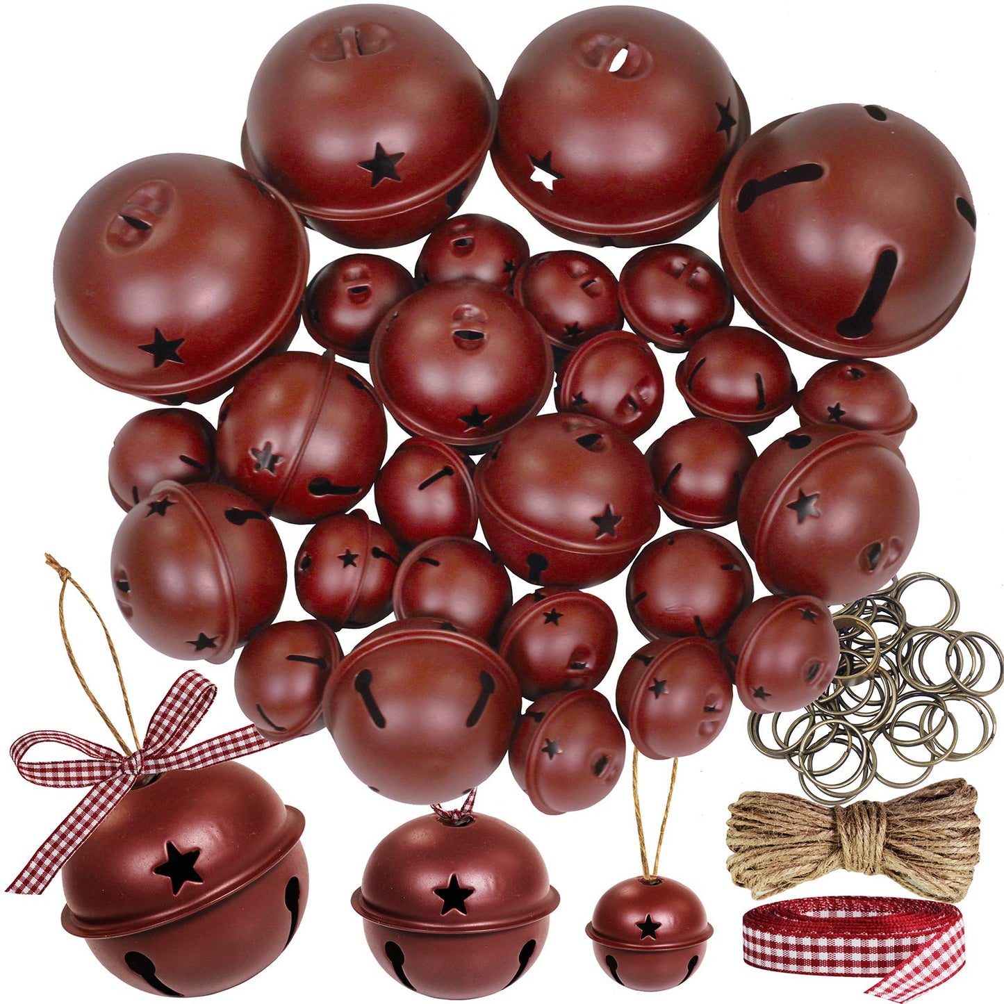 Winlyn 30 Pcs Christmas Metal Sleigh Bells Rustic Burgundy Jingle Bells with Star Cutouts Rustic Craft Bells 1.6" 2.4" 3.5" for Christmas Tree Wreath Garland Ornaments Holiday DIY Decorations