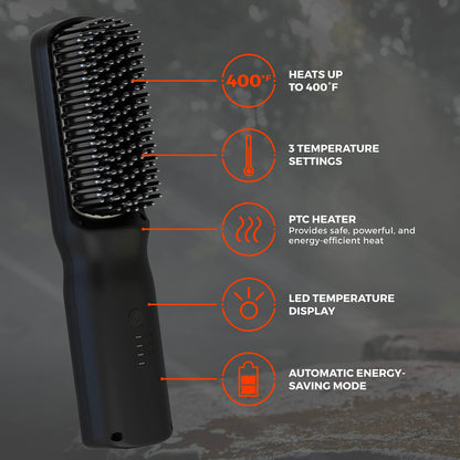 Wild Willies Beard Straightener for Men - 3 Temperature Settings, Tourmaline Ceramic Heated Beard Brush & Hot Comb - Portable, Ionic Technology, Coarse & Curly Hair, 400F - Grooming Tool