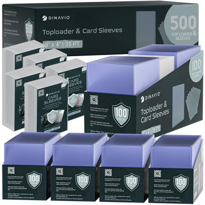 Dinavio Crafthouse 1000 Premium Card Sleeves + Top Loaders for Cards - 35pt Toploaders 3x4 - Compatible with PKMN Baseball MTG Lorcana YGO (500 Top Loaders + 500 Sleeves)