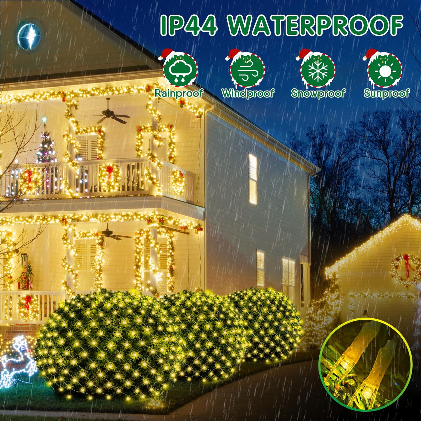 Hezbjiti Christmas Net Lights Outdoor 200 LED 6.9FT x 5.4FT Clear Wire with 8 Modes, Connectable Plug in Waterproof, Timer Memory Function for Xmas Tree Bushes Porch Lawn Windows Decor（Warm White）