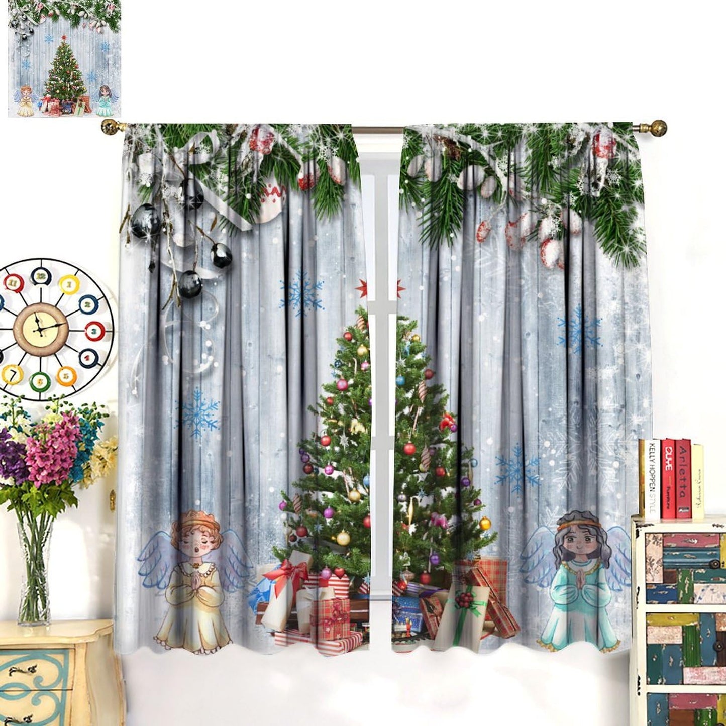 FengMingRui Kids Christmas Curtain for Bedroom Angel Pine Tree Christmas Tree Pine Leaves Winter Holiday Christmas Decor Window Drapes 42" W X 45" L