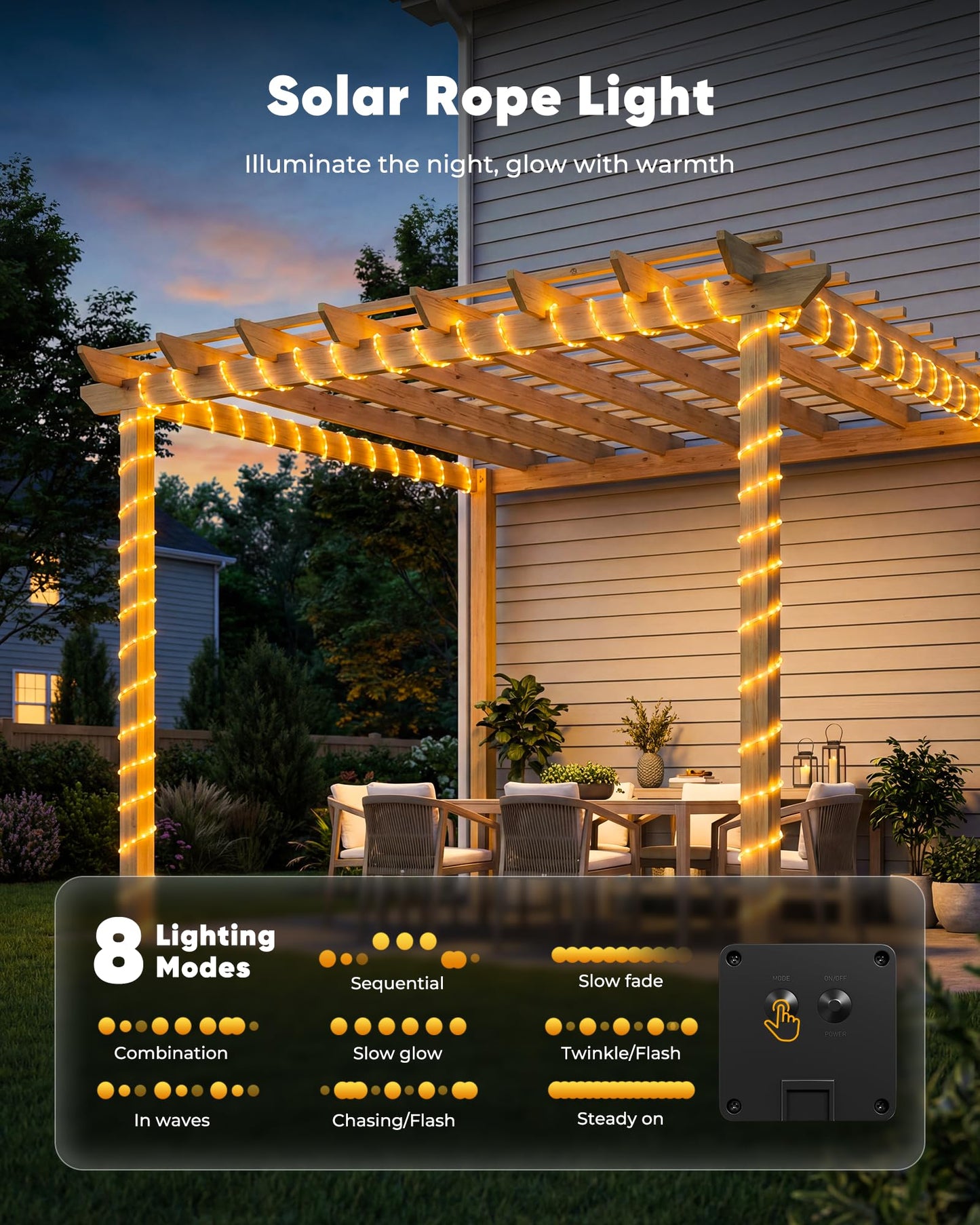 Brightown Solar Rope Lights, 39FT 100LED Outdoor Solar String Lights, IP65 Waterproof Solar Powered Fairy Lights with 8 Lighting Modes for Party Garden Patio Pool Backyard Tree Decoration, Warm White