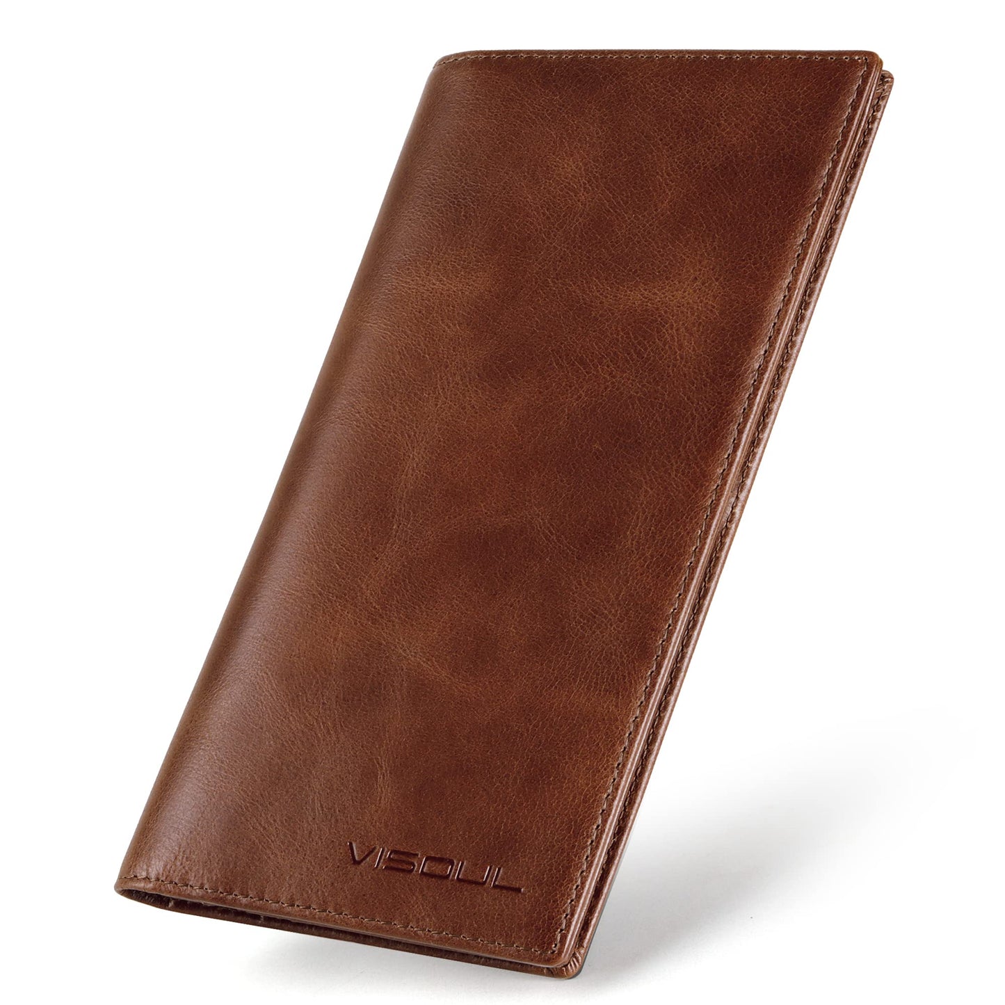 VISOUL Leather Checkbook Cover Wallet for Men with RFID Blocking, Mens Long Bifold Cash Tall Wallet with 11 Credit Card Slots 1 ID Window (Brown)