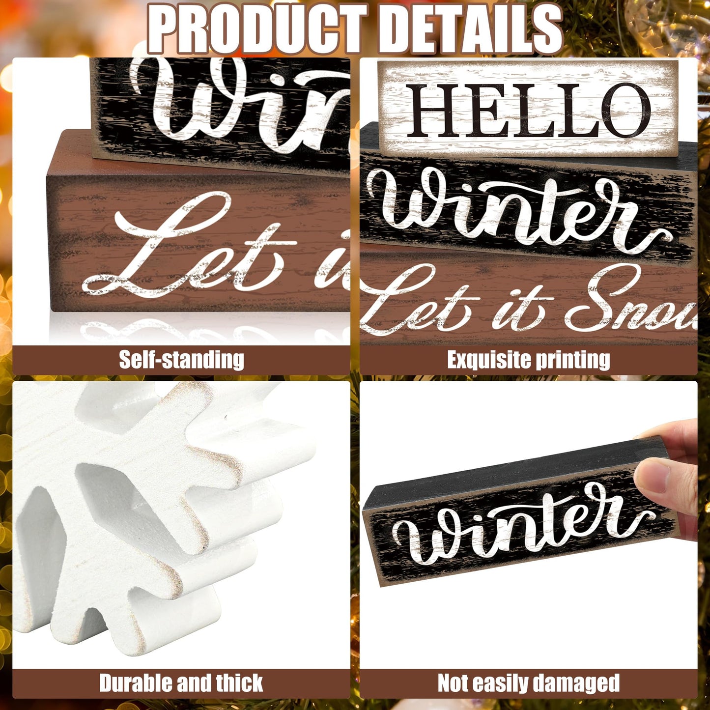 4 Pcs Winter Snowflake Wooden Table Block Sign Christmas Tiered Tray Decor Hello Winter Wood Tabletop Centerpiece Let it Snow Rustic Farmhouse Table Decorations for Xmas Holiday Home Shelf Party Decor