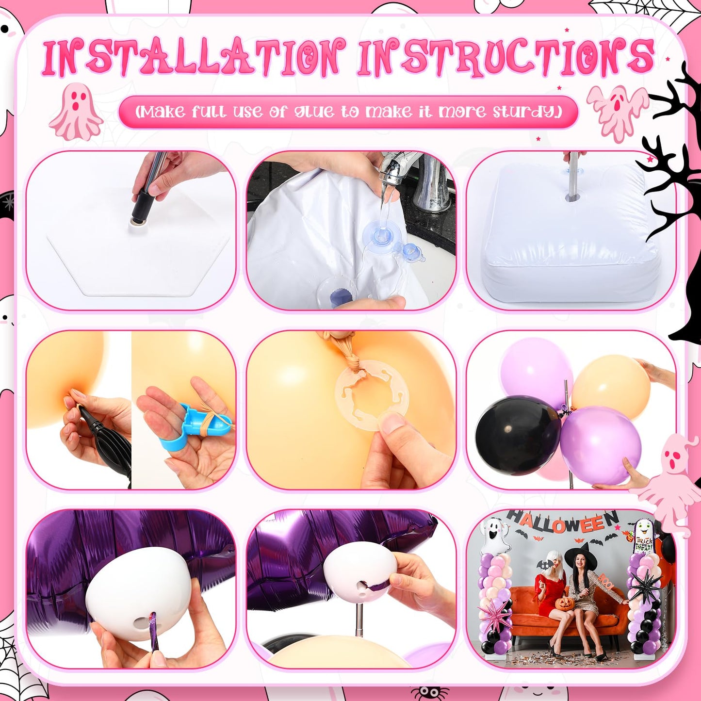 Kasyat 2 Sets Pink Purple Halloween Balloon Column Stand Kit Purple Pink and Black Arch Garland Kit with Cute Ghost Explosion Star Foil Balloons for Spooky Birthday Party Halloween Party Decoration
