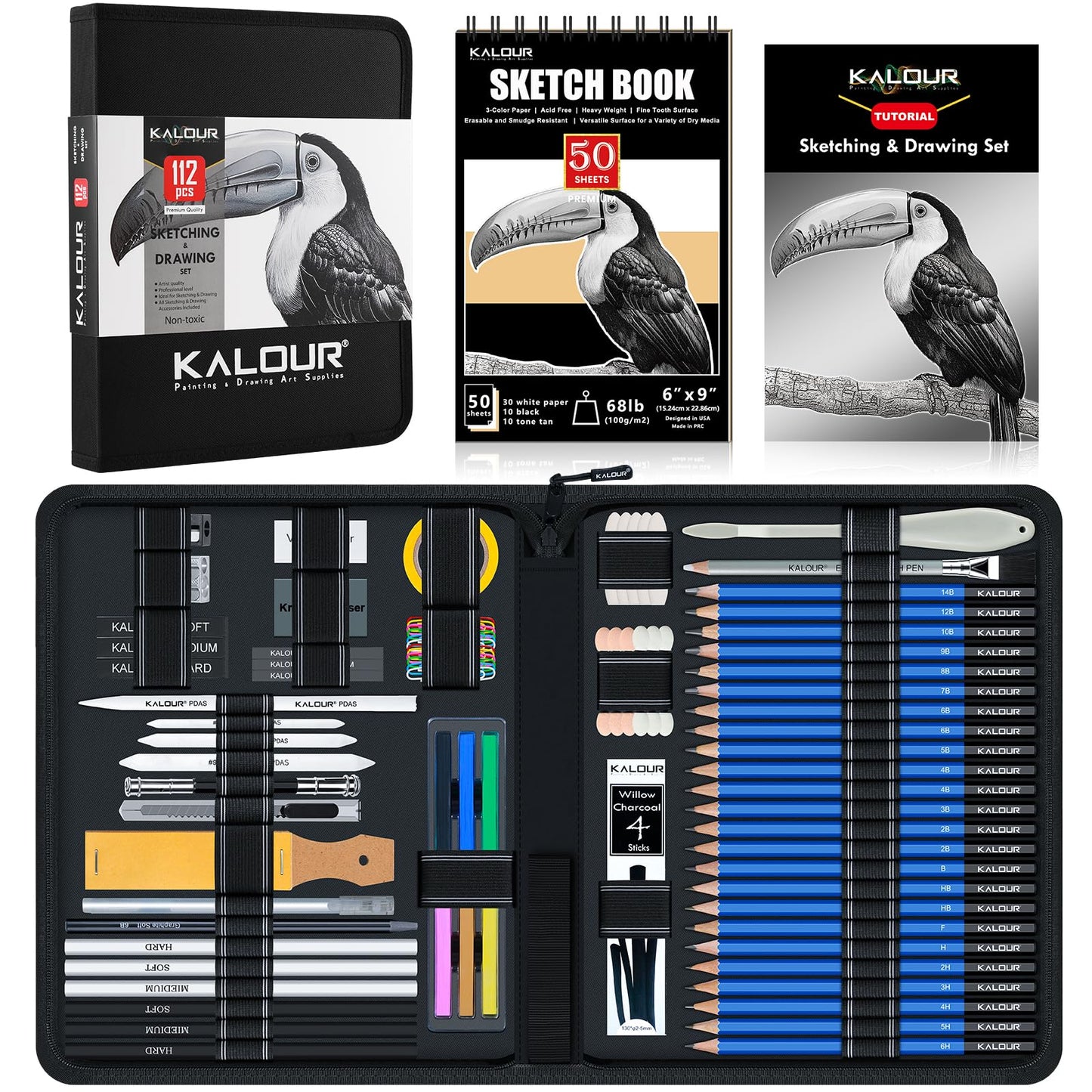 KALOUR PDAS 112 Drawing Set Sketch Kit, Pro Art Supplies with 3-Color Sketchbook, Graphite, Charcoal Pencils, Art Drawing Kit for Artists Adults Teens Beginners, Ideal for Shading & Blending