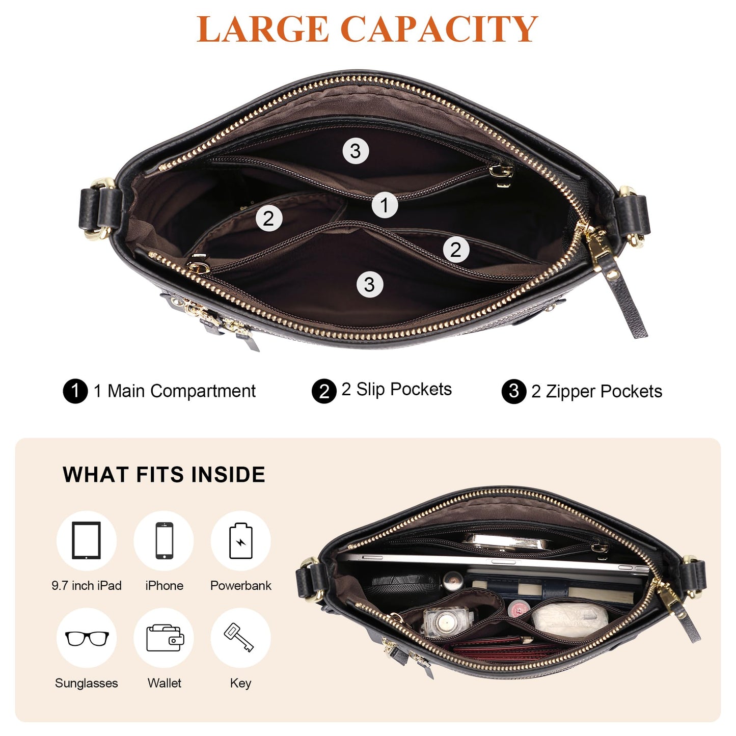 Over Earth Leather Crossbody Bags for Women Medium Shoulder Purse Multi Pocket Shoulder Handbag with Adjustable Strap(O199E Black RP)