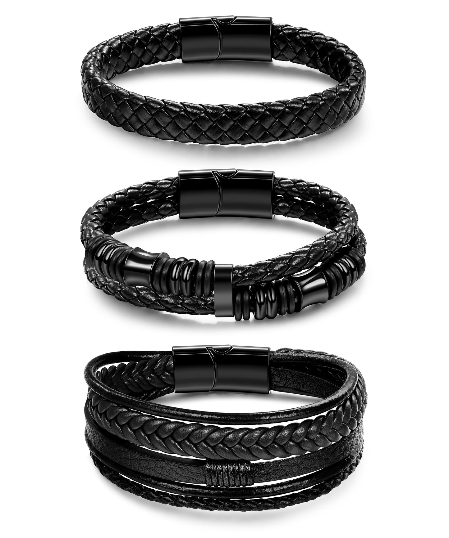 REVOLIA 3Pcs Black Leather Bracelets for Men Women Braided Leather Wristband Cuff Bracelets Multi-Layer Braided Leather Bracelets Set Black 7.5 Inch