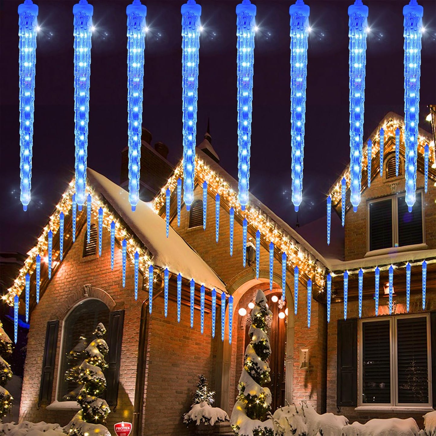 WATERGLIDE 16 Icicles Meteor Shower Lights, 12" Outdoor Icicle Christmas Lights 384 SMD LED Crystal Ice Falling Light, Connectable Raindrop Iciclelight, Xmas Winter Party Tree Holiday Decor, Blue