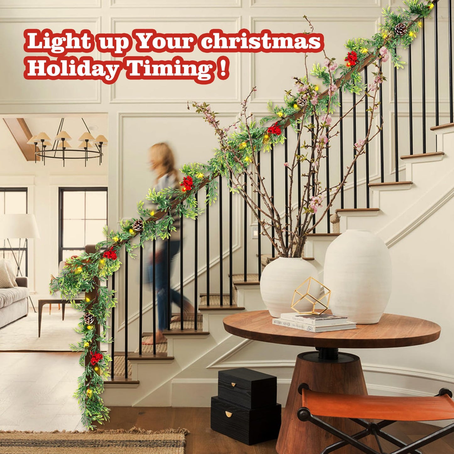 MINDELF 6 FT Artificial Christmas Garland, Faux Cypress Leaf Evergreen Garland with 20 LED Lights, Red Berries and Pinecones, Green-Yellow Leaves, Timer, Perfect for Indoor Outdoor Window Mantel